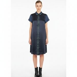 Wildfang Navy Satin Shirt Midi Dress with Green Piping